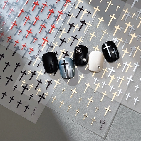 Gothic 3D Relief Cross Nail Art Stickers Embossed Retro Gold Silver Black White Nail Decals For DIY Manicure Decoration