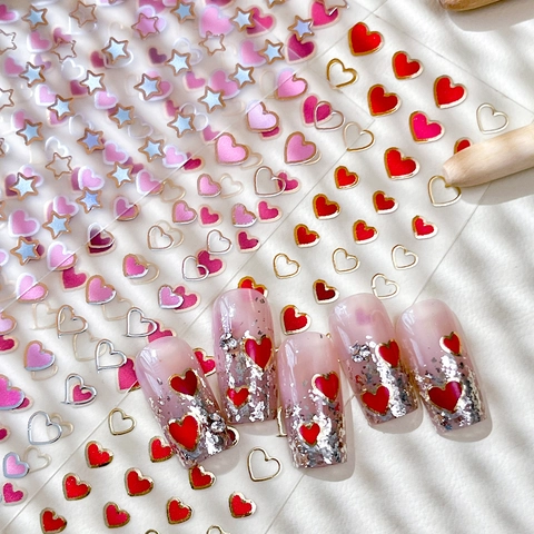 Minimalist Gold Silver Hot Stamping Star Heart Nail Art Stickers Shining Starry Heart Nail Decals For Women Manicure Decor