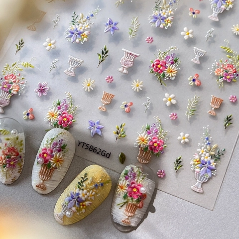 5D Geprägte Blumen Nagelaufkleber Retro Blumenvase Design Selbstklebende Stereoskopische Maniküre Decals Für Damen DIY Dekoration