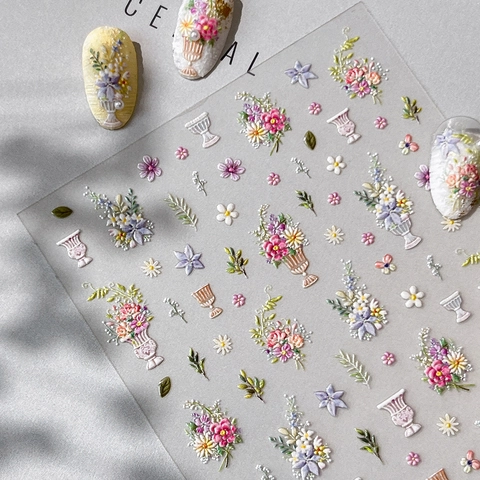 5D Geprägte Blumen Nagelaufkleber Retro Blumenvase Design Selbstklebende Stereoskopische Maniküre Decals Für Damen DIY Dekoration