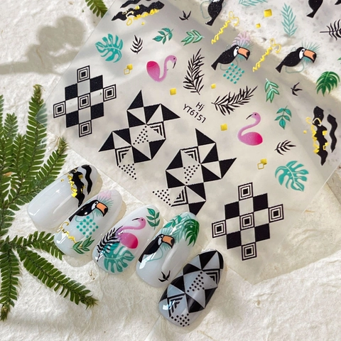 Tropical Flamingo Toucan Nail Art Stickers Summer Palm Leaf Geometric Checkerboard DIY Nail Decals Decoration For Women