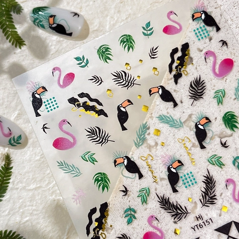 Tropical Flamingo Toucan Nail Art Stickers Summer Palm Leaf Geometric Checkerboard DIY Nail Decals Decoration For Women