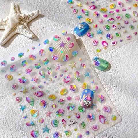 3D Reliëf Regenboog Zeeschelp Zeester Nagel Stickers Holografische Laser Mariene Serie Zomer Manicure Decoratie Stickers