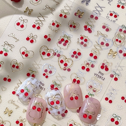Sweet Strawberry Cherry Bow 3D Relief Nail Stickers Gold Silver Stamping Manicure Decals For Women DIY Nail Art Decor