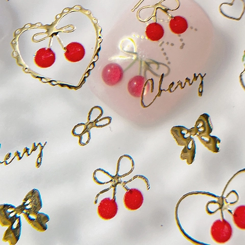 Sweet Strawberry Cherry Bow 3D Relief Nail Stickers Gold Silver Stamping Manicure Decals For Women DIY Nail Art Decor
