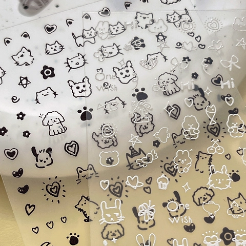 Cute 3D Relief Cartoon Rabbit Cat Nail Art Stickers Self Adhesive Japanese Minimalist Heart Star Nail Decals Decoration For Women