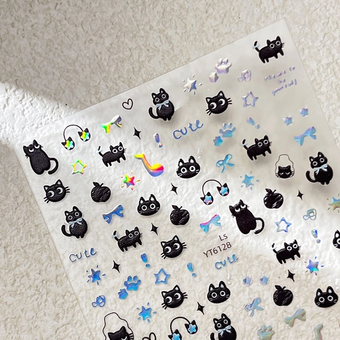 3D Relief Schwarz Katze Nagelkunst Aufkleber Cartoon Süß Musiknoten Laser Holographisch DIY Selbstklebend Nagel Deko