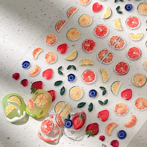 Autocollants à Ongles Relief 3D Fruits Été Fraise Orange Citron Motifs Mignons Décoration Manucure pour Femme DIY Nail Art