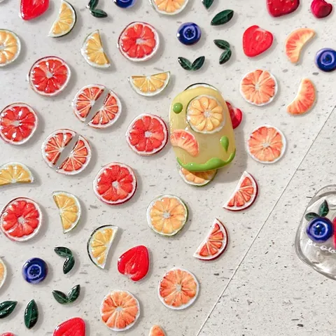 Autocollants à Ongles Relief 3D Fruits Été Fraise Orange Citron Motifs Mignons Décoration Manucure pour Femme DIY Nail Art