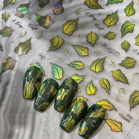Holografische Blatt Nagelaufkleber Laser Gradient Grün Pflanzenmuster MAGIC Englischer Text Selbstklebend Nail Art Decals DIY Beauty Dekoration