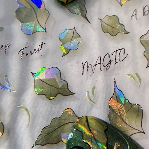 Holografische Blatt Nagelaufkleber Laser Gradient Grün Pflanzenmuster MAGIC Englischer Text Selbstklebend Nail Art Decals DIY Beauty Dekoration