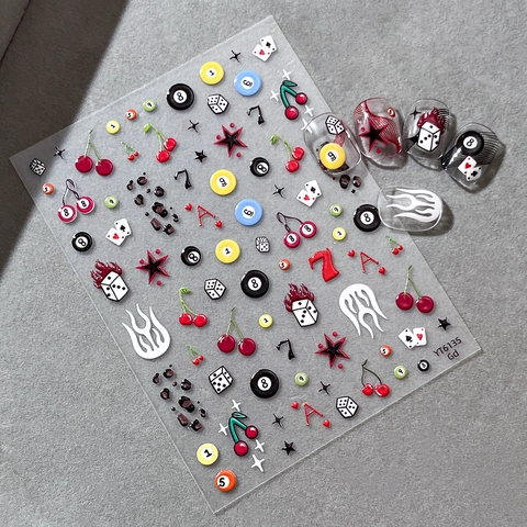 3D Relief Nail Art Stickers Retro Y2K Billiards Dice Flame Pattern Embossed Self Adhesive Decals For DIY Women Nail Decoration