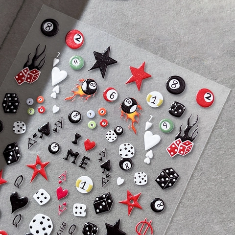 3D Relief Nail Art Stickers Retro Y2K Billiards Dice Flame Pattern Embossed Self Adhesive Decals For DIY Women Nail Decoration