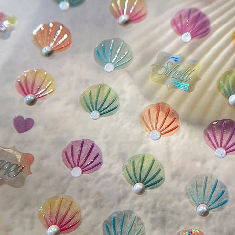 3D Meeresmuschel Nagelkunst Aufkleber Perle Verlauf Meerjungfrau Nagel Abziehbilder Niedlich Bunt Muschel Geprägt Maniküre Dekor