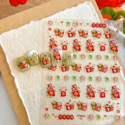 Chinees Nieuwjaar 3D Reliëf Nagelstickers Maanjaar Rode Envelop Vuurwerk Mahjong Gelukskarakter Feestelijke Schoonheid Manicure Stickers