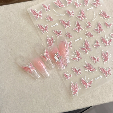 5D Pink Butterfly Relief Nail Art Stickers Self-Adhesive Embossed Butterfly Decals For DIY Manicure Decoration Accessories