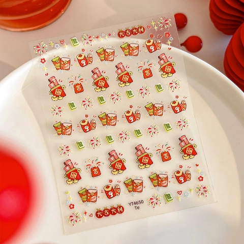 Chinees Nieuwjaar 3D Reliëf Nagelstickers Maanjaar Rode Envelop Vuurwerk Mahjong Gelukskarakter Feestelijke Schoonheid Manicure Stickers