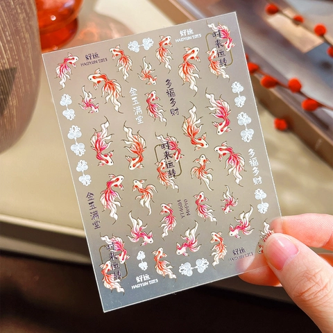 Pegatinas de Uñas de Relieve Pez Koi Año Nuevo Chino Caracteres Suerte Bronceado 3D Autoadhesivo Decoración Manicura Mujer