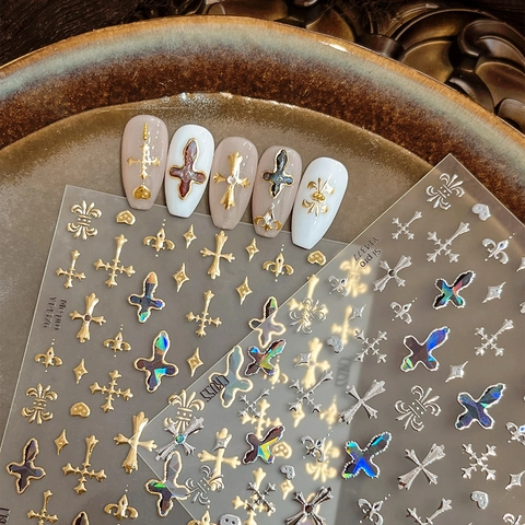 Gotische Kruis Nagelstickers Goud Zilver Folie Hart Ster Ontwerpen Zelfklevend Vintage Manicure DIY Decoratie Vrouwen