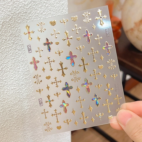Gotische Kruis Nagelstickers Goud Zilver Folie Hart Ster Ontwerpen Zelfklevend Vintage Manicure DIY Decoratie Vrouwen