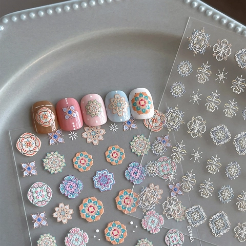 Bohemian Mandala 5D Relief Nail Art Stickers 3D Self Adhesive Flower Butterfly Nail Decals Vintage Ethnic Manicure Decoration