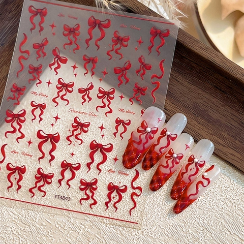 Adesivi per Unghie a Rilievo con Fiocco Rosso Stella 3D Goffrato Autoadesivo Decalcomanie Nail Art per Donna Ragazza Decorazione YT4843