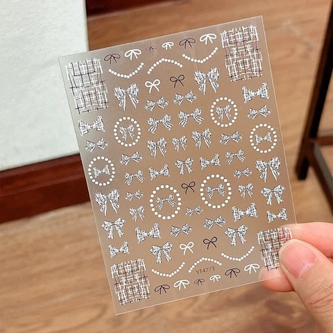 3D Embossed Nail Art Stickers With Bow Knot Tweed Plaid Pattern Artificial Pearl Chain Elegant Manicure Decoration Decals For Women