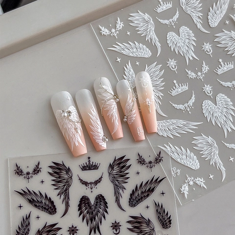 Pegatinas de Uñas de Alas de Ángel Estrella Corona Degradado Negro Blanco Autoadhesivas DIY Decoración de Uñas para Mujeres