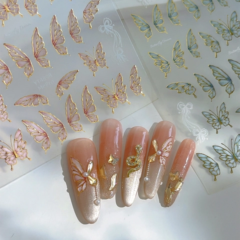 3D Bronzing Butterfly Nail Art Stickers Dreamy Gradient Butterfly Wings Adhesive Nail Decals For Women Manicure Decoration