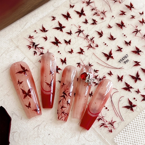 Vintage Dunkelrot Schmetterling Bambus Nagelaufkleber Antiker Stil Selbstklebende Nail Art Dekoration Für Damen Maniküre