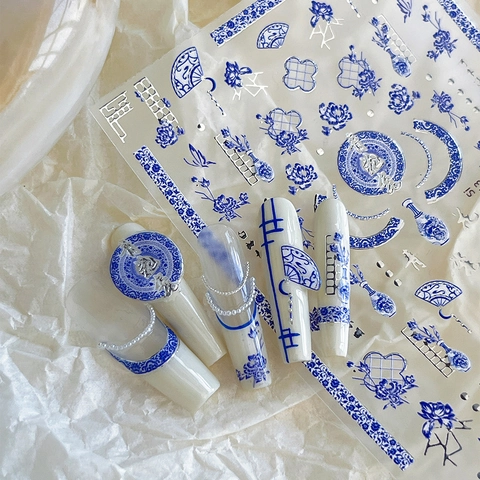 Chinese Style Blue And White Porcelain Nail Art Stickers Vintage Flower Butterfly Fan Pattern Manicure Decoration Decals