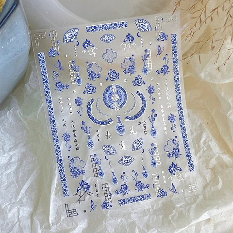 Chinese Style Blue And White Porcelain Nail Art Stickers Vintage Flower Butterfly Fan Pattern Manicure Decoration Decals