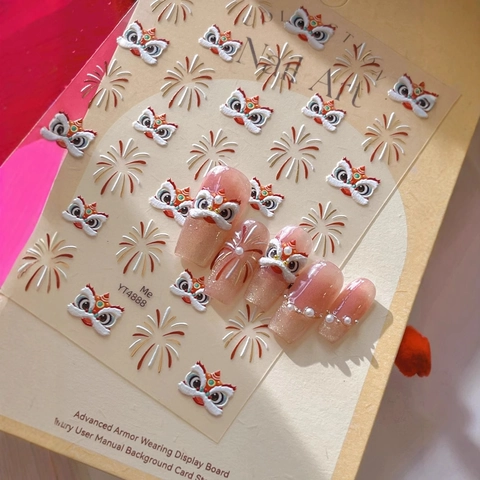 5D Embossed Chinese Lion Dance Nail Stickers Gold Stamping Firework Design 3D Self Adhesive Nail Art Decals For New Year Party