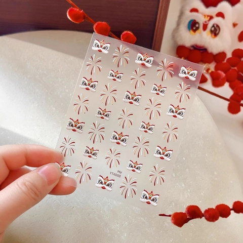 5D Embossed Chinese Lion Dance Nail Stickers Gold Stamping Firework Design 3D Self Adhesive Nail Art Decals For New Year Party