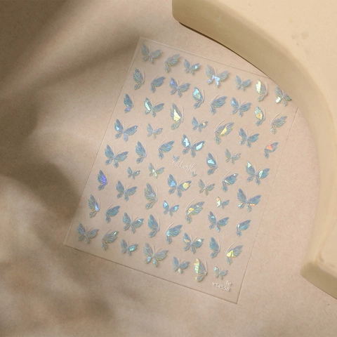 Holographic Laser Butterfly Nail Art Stickers Dreamy Shell Luster 3D Butterfly Self Adhesive Nail Decals For Women DIY Manicure Decoration