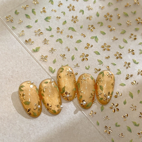 Bronzing 3D Embossed Nail Art Stickers Gold Flower Green Leaf Design Self-Adhesive Nail Decals Manicure Decoration