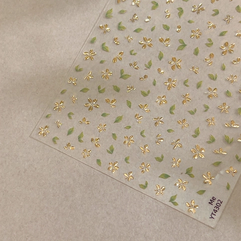 Bronzing 3D Embossed Nail Art Stickers Gold Flower Green Leaf Design Self-Adhesive Nail Decals Manicure Decoration