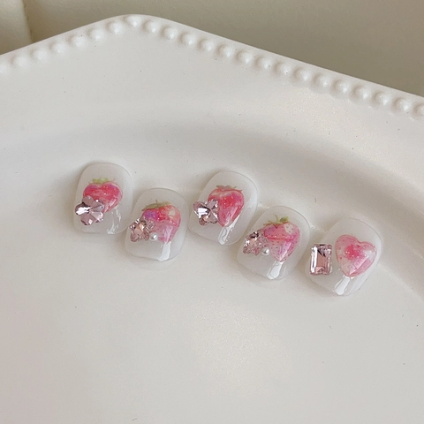 Sweet 3D Strawberry Heart Nail Stickers Cute Pink Red Fruit Design Self Adhesive Nail Art Decoration For Women Girls