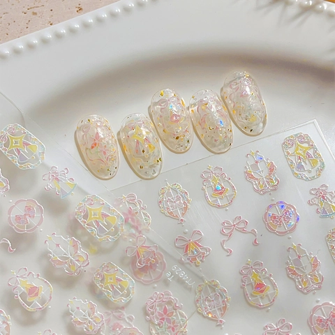 Pegatinas de Uñas en Relieve de Lazo Rosa Aurora Iridiscente Patrón de Estrella Holográfico Autoadhesivas para Mujer Decoración DIY