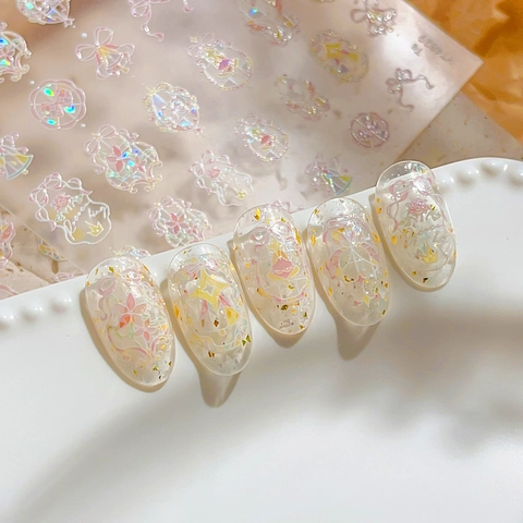 Pegatinas de Uñas en Relieve de Lazo Rosa Aurora Iridiscente Patrón de Estrella Holográfico Autoadhesivas para Mujer Decoración DIY