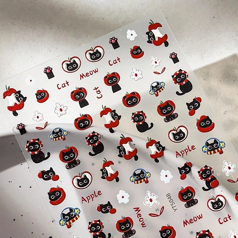 Lindas Pegatinas de Arte de Uñas con Relieve 3D Gato Negro Manzana Roja Calcomanías Autoadesivas para Uñas Mujer DIY YT5048