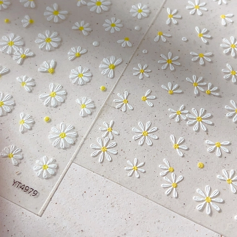 5D Embossed Daisy Nail Art Stickers Relief Floral Design Self Adhesive 3D White Flower Decals For DIY Manicure Decoration