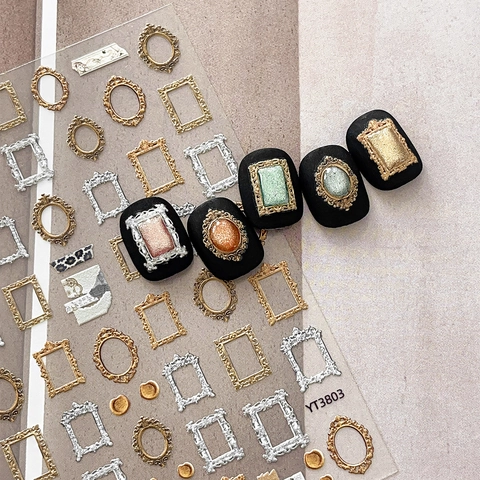 Pegatinas para Uñas de Marco de Fotos Barroco Vintage Relieve 3D Oro Plata Calcomanías para Uñas para Mujer Decoración DIY