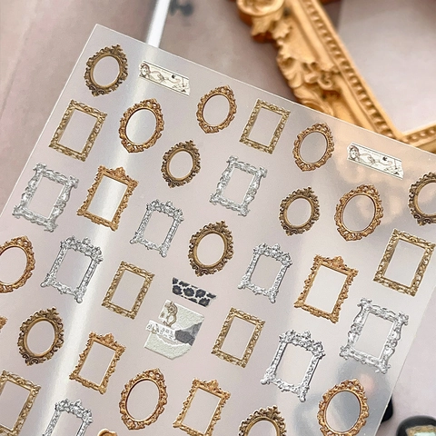 Pegatinas para Uñas de Marco de Fotos Barroco Vintage Relieve 3D Oro Plata Calcomanías para Uñas para Mujer Decoración DIY
