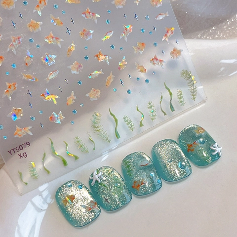Pegatinas Para Uñas 3D Con Relieve Láser De Pez Dorado Estrellado Estilo Marino Verano Calcomanías Holográficas Para Uñas De Mujer