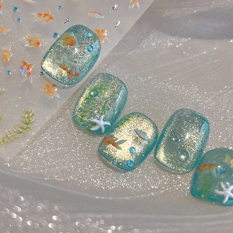 Pegatinas Para Uñas 3D Con Relieve Láser De Pez Dorado Estrellado Estilo Marino Verano Calcomanías Holográficas Para Uñas De Mujer