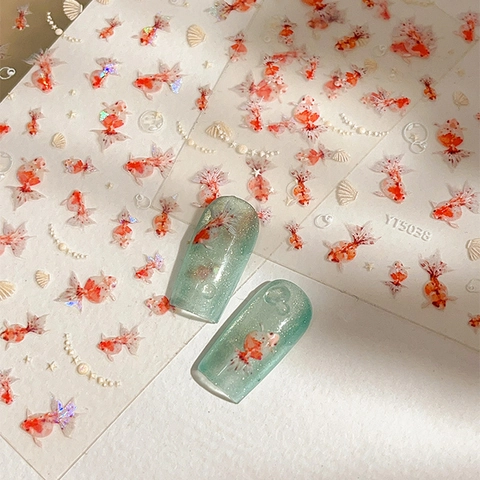 Kawaii Colorful Koi Goldfish Nail Art Stickers 3D Embossed Shell Pearl Marine Elements Self Adhesive Decoration For Women