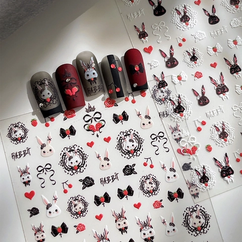 5D Relief Nail Stickers Cute Gothic Rabbit Heart Strawberry Flower Design Adhesive Manicure Decoration For Women Beauty Tools