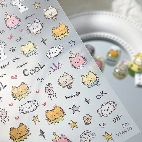 Cute Cartoon Cat Dog Nail Art Stickers Hand Drawn Animal Transparent PET Nail Decals For Women Kids DIY Manicure Decoration