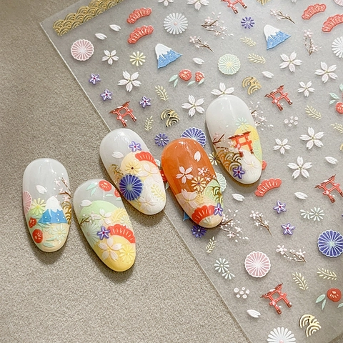 5D Relief Nagelaufkleber Japanischer Stil Berg Fuji Kirschblüte Torii Geprägte Selbstklebende Nagelsticker DIY Dekoration